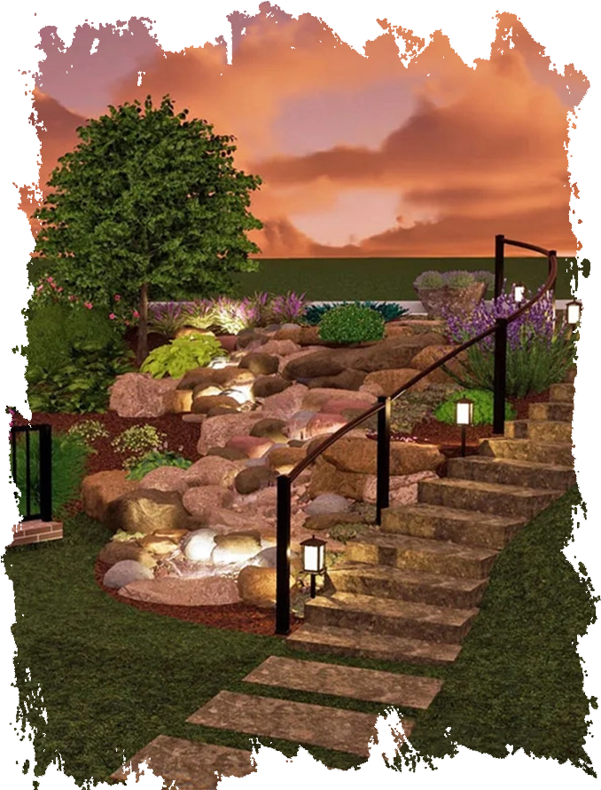 Artful 3D landscape design rendering showing stone stairs and garden lighting by Vision Accomplished.