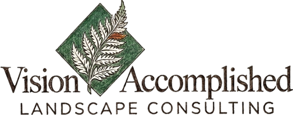 Vision Accomplished Landscape Consulting hand-drawn watercolor logo with fern and diamond emblem.