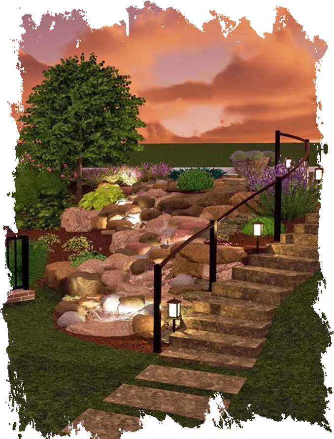 Artful 3D landscape design rendering showing stone stairs and garden lighting by Vision Accomplished.